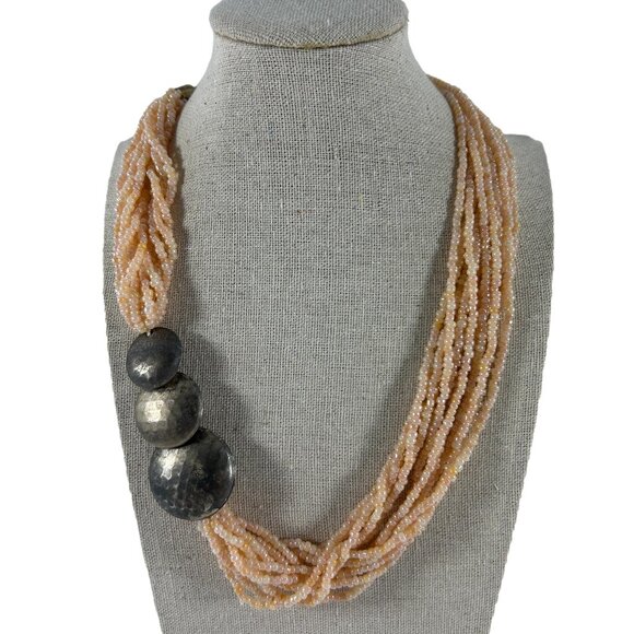 Pale Pink Seed Bead Necklace Multi Strand Silver Tone Beads Iridescent 20" Long - Picture 1 of 10